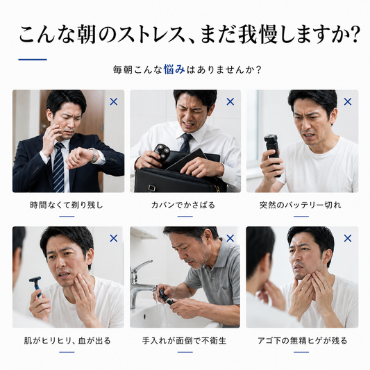 朝のヒゲ剃りでよくある6つの悩みを並べた画像