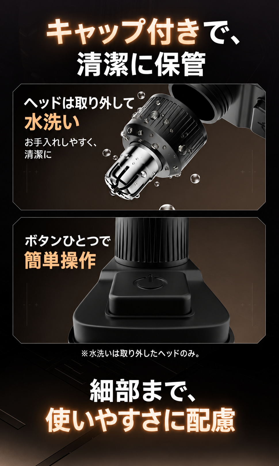取り外したヘッドは水洗い可 ボタンひとつで簡単操作
